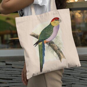 Red Capped Parrot Vintage Print Graphic Canvas Tote Bag